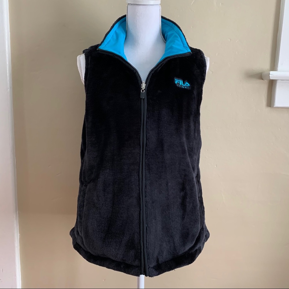 FILA Vest Reversible Sport Blue & Black Faux Fur Outer Layer Large